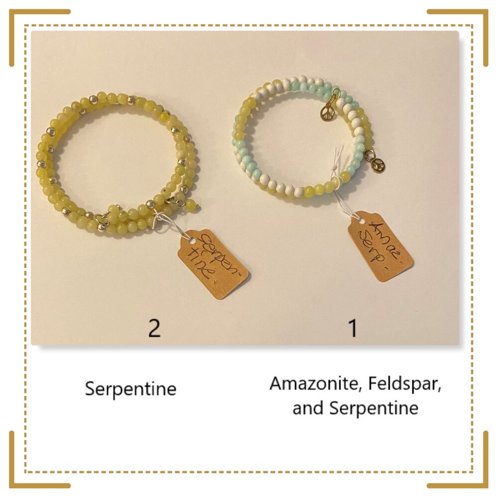 NEW #1 & #2 Genuine Amazonite, Feldspar, & Serpentine memory wire wrap bracelets